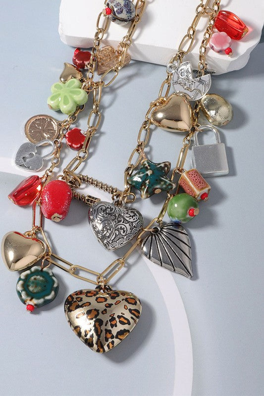 Multi-Charm Gold Layered Necklace – Heart, Floral & Lock Accents