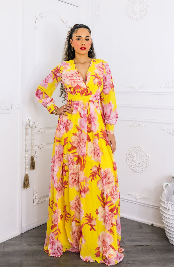 Sunset Bloom Maxi Dress – Yellow & Pink Floral Wrap Dress