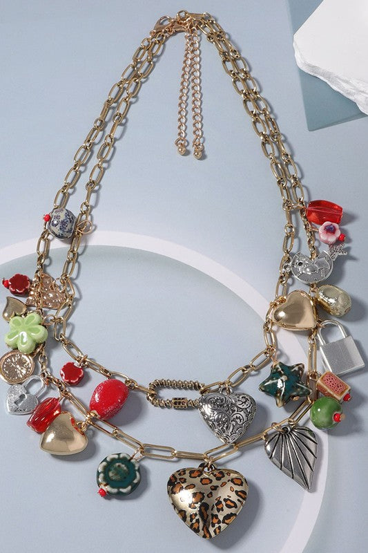 Multi-Charm Gold Layered Necklace – Heart, Floral & Lock Accents