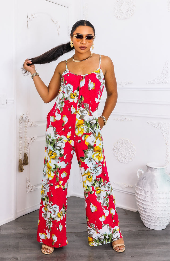 Red Tropical Floral Jumpsuit – Wide-Leg