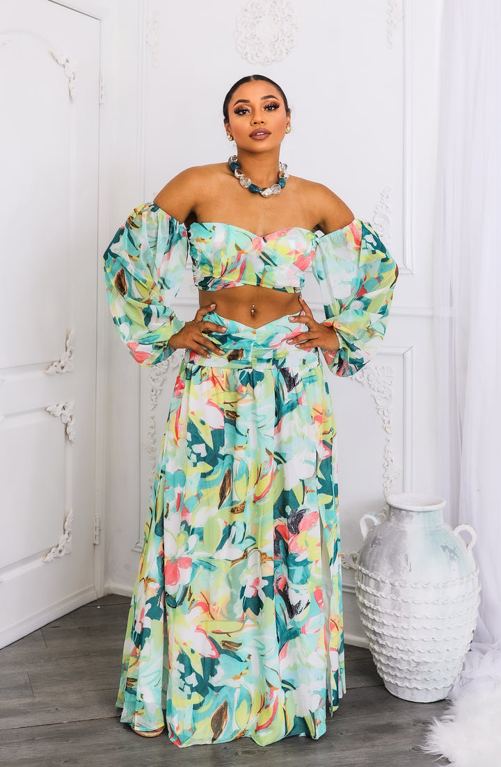 Tropical Floral Puff Sleeve Two-Piece Set with Slit Skirt