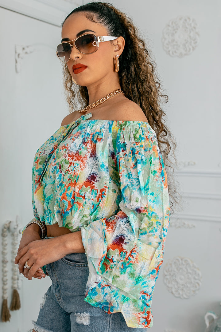 Whimsical Garden Off-Shoulder Chiffon Blouse