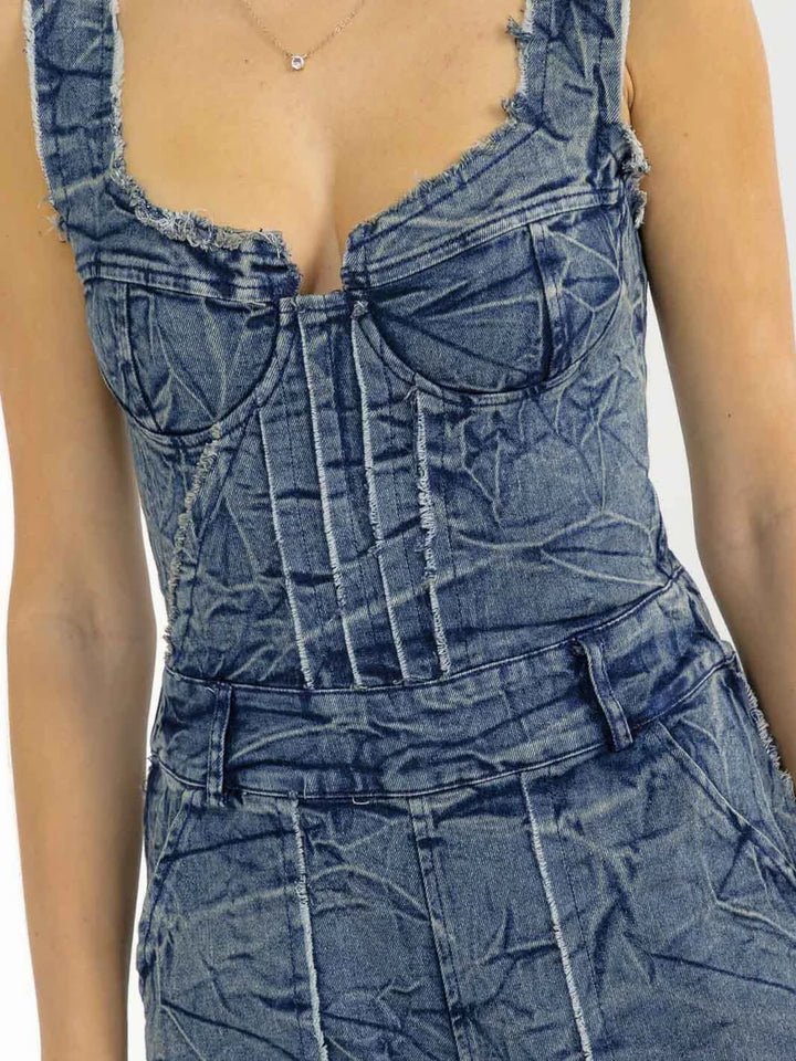 Vintage Wash Denim Straight Leg Jumpsuit