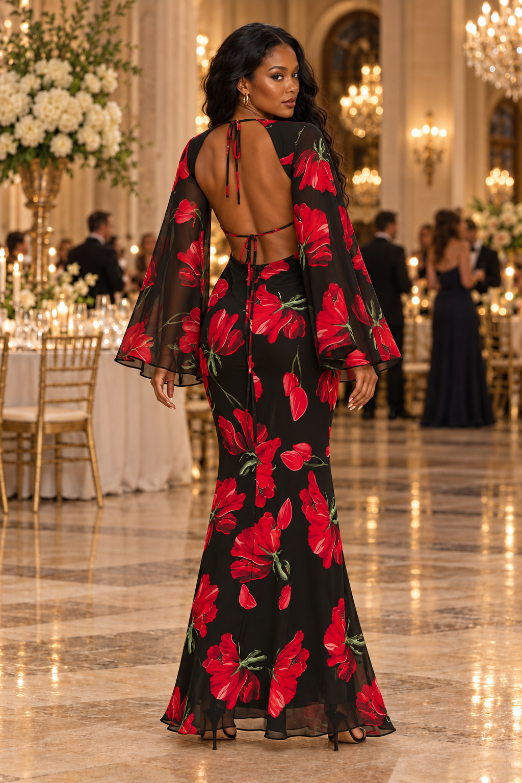Floral Cutout Maxi Dress – Red Poppy Black Plunging V-Neck