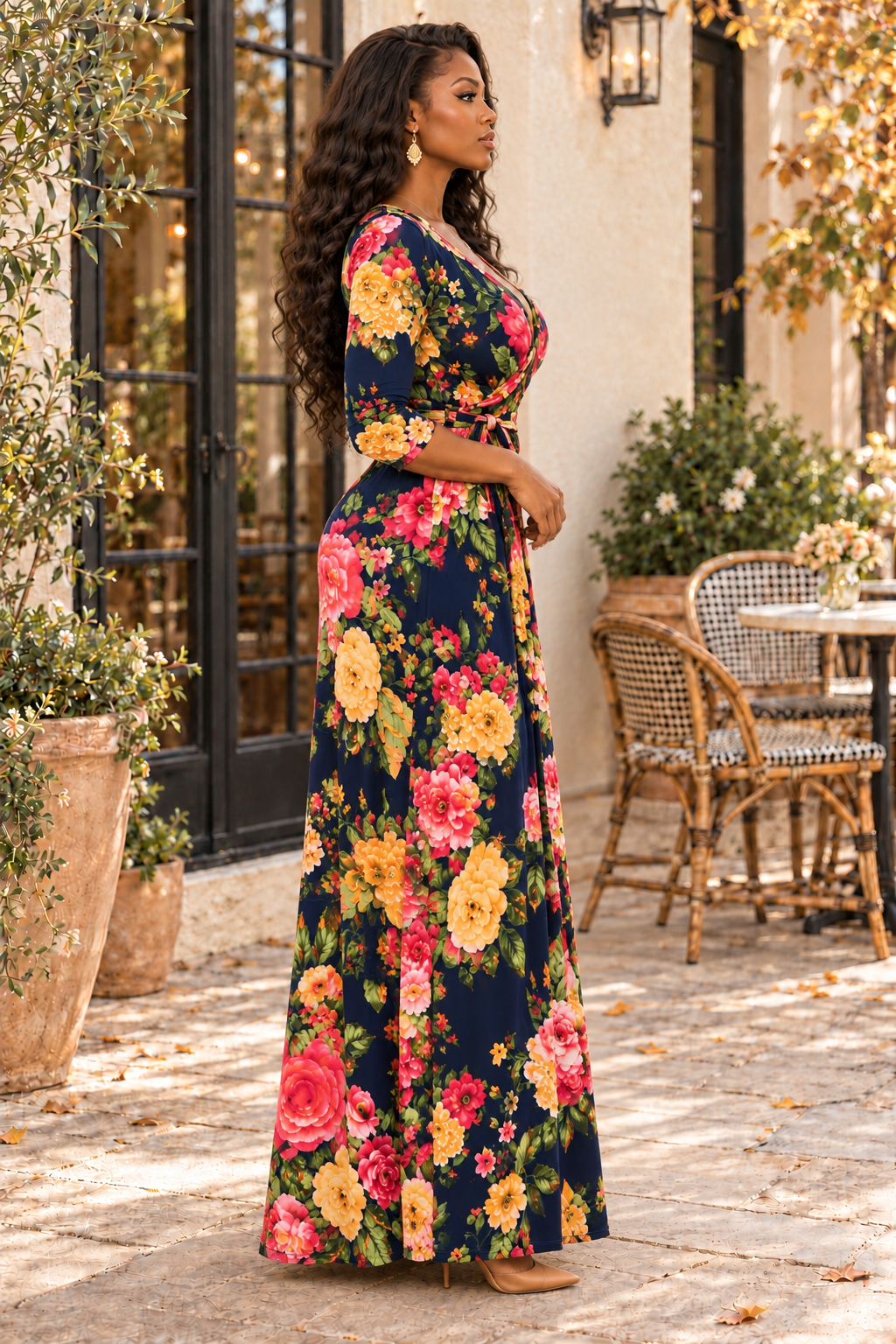Floral Faux Wrap Maxi Dress – Navy Pink Rose Print V-Neck