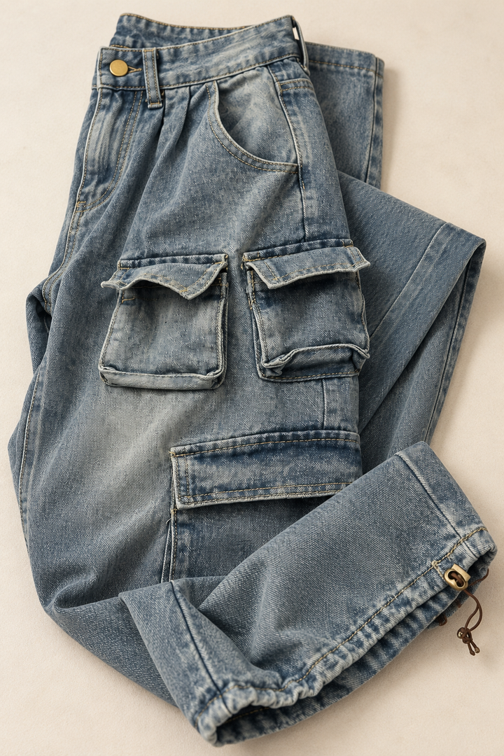 Oversized Cargo Jeans – Vintage Wash Multi Pocket Baggy Denim