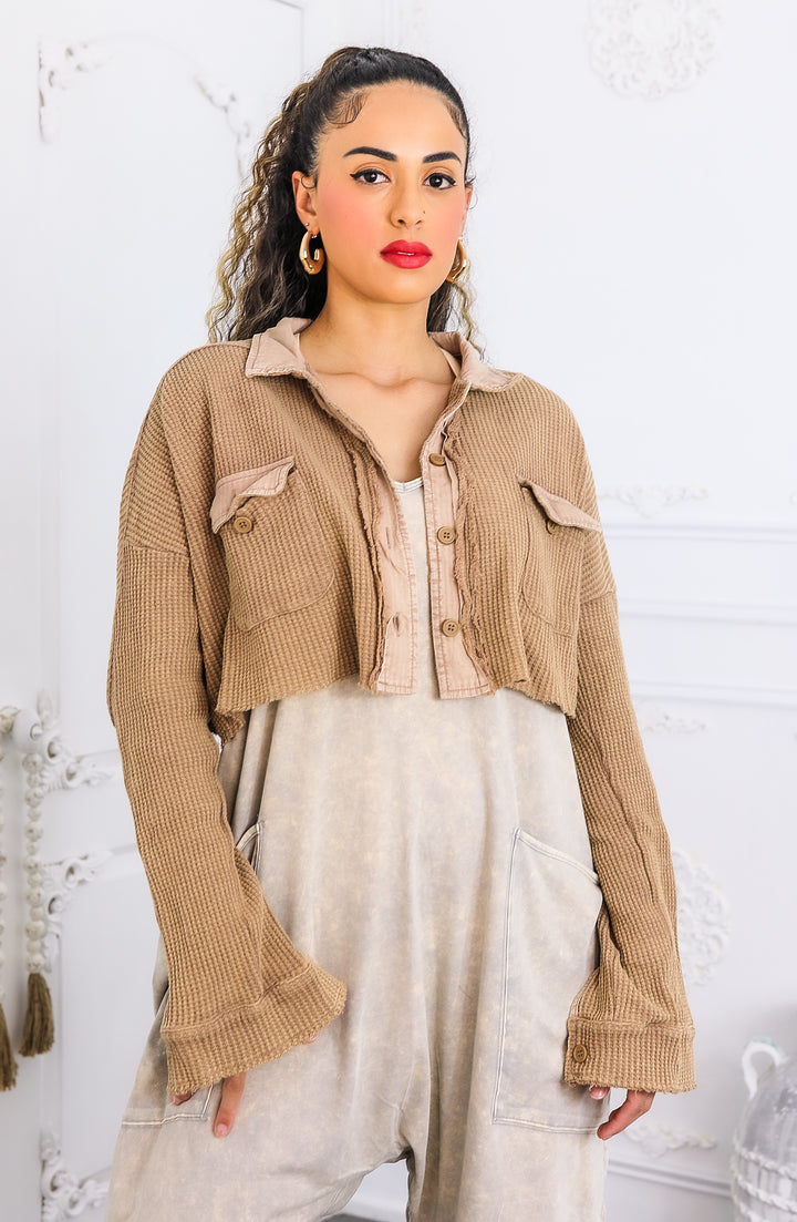 Textured Cropped Button-Up – Waffle Knit Utility Top