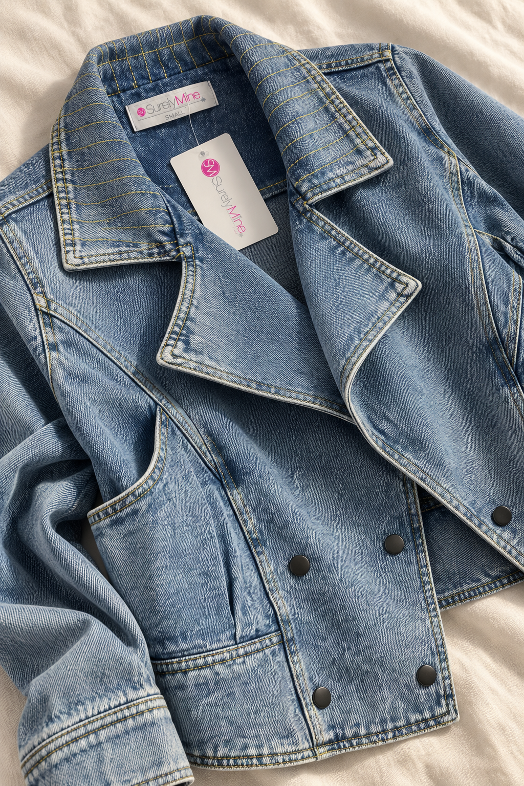 Double Breasted Acid Wash Denim Jacket – Blue Embroidered Collar