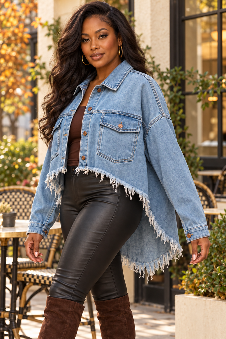 Cropped Boyfriend Denim Jacket – Light Wash Frayed Hem Trucker