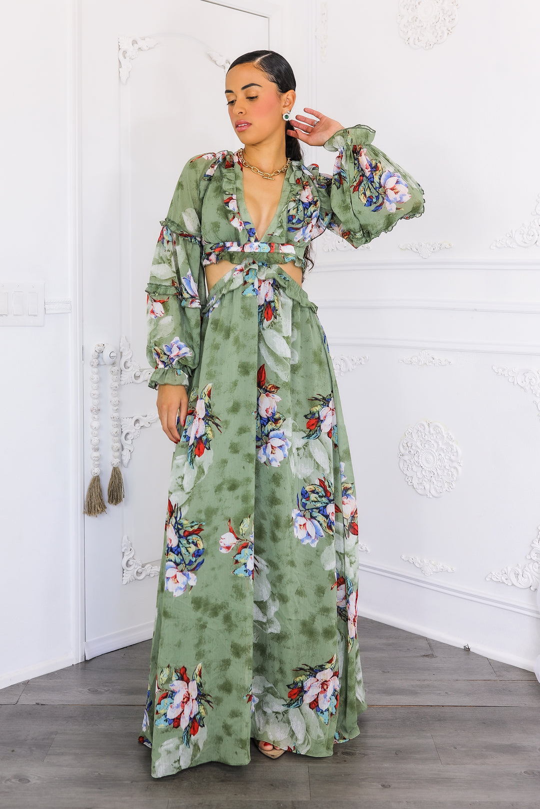 Resort Floral Bubble Sleeves Maxi Dress