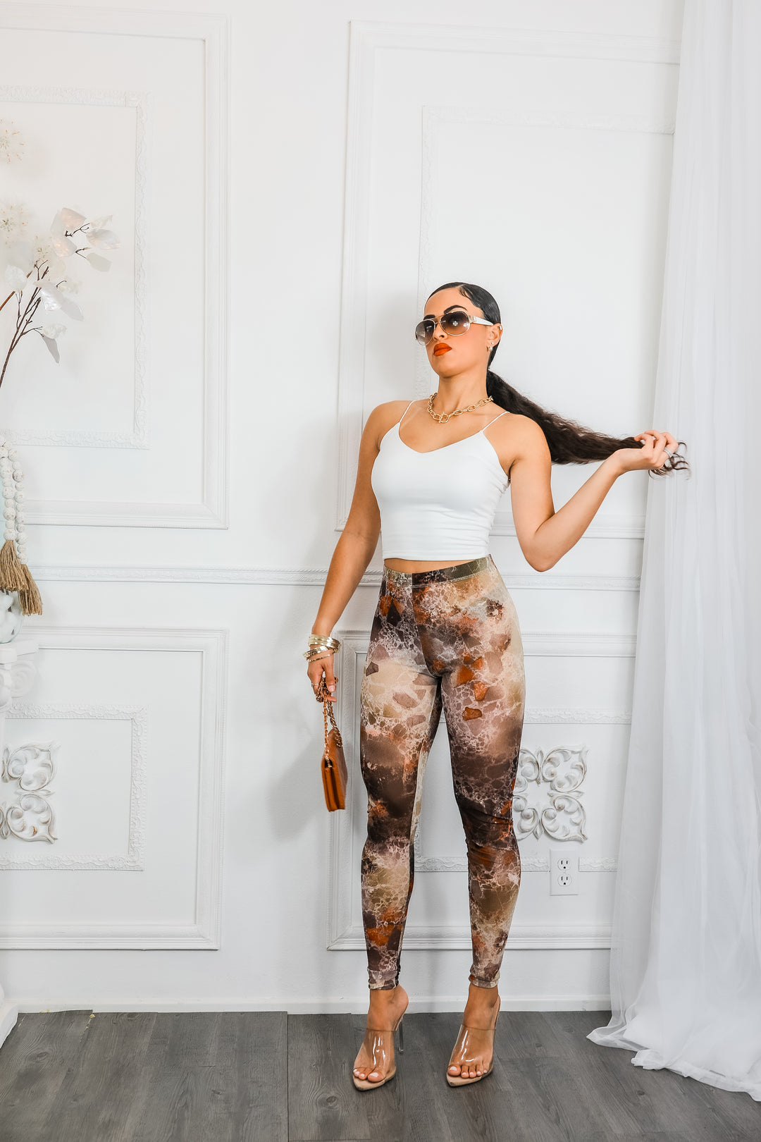 Brown Marble Print Mesh Leggings – High Waisted Sheer Stretch Pants