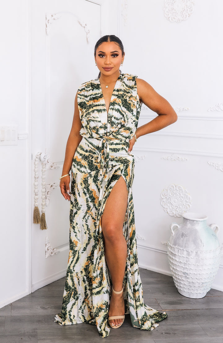 Abstract Print Maxi Dress – Plunge Wrap Front with Slit