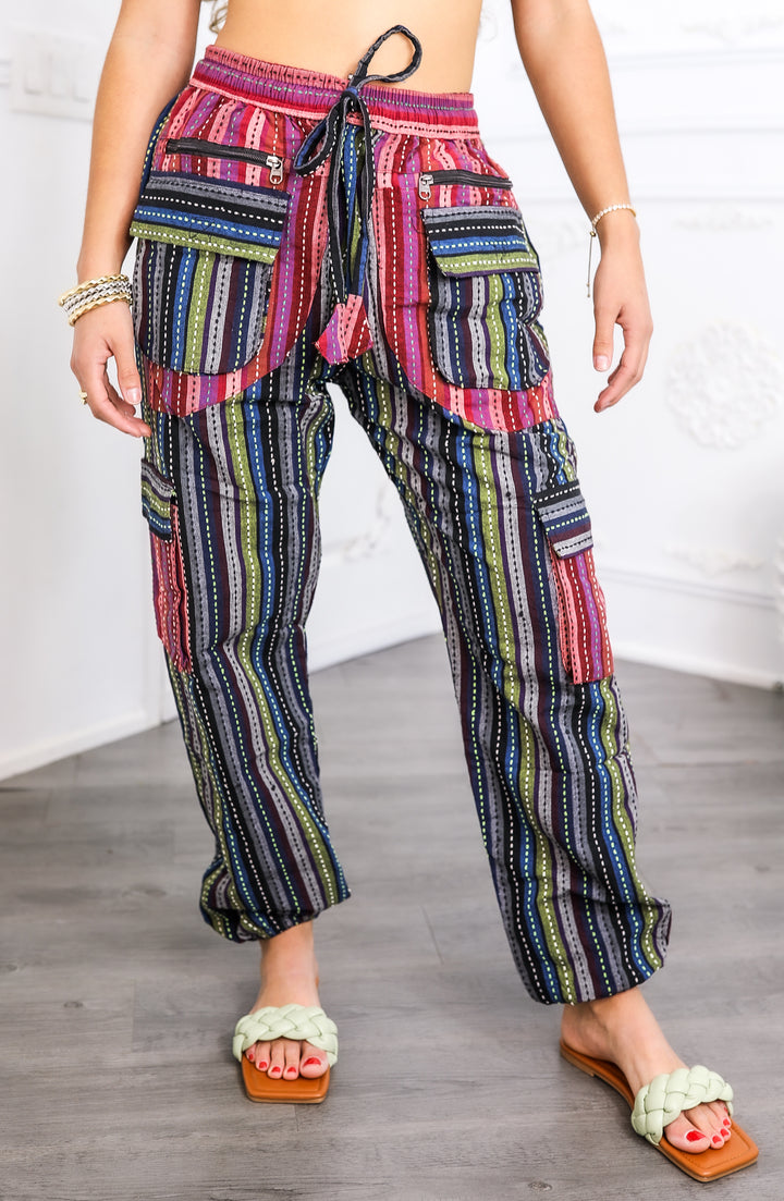 Boho Utility Stripe Joggers – Multi Pocket Drawstring Pants