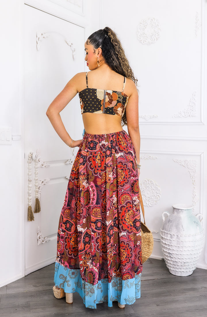 Boho Patchwork Cutout Maxi Dress with Side Slit