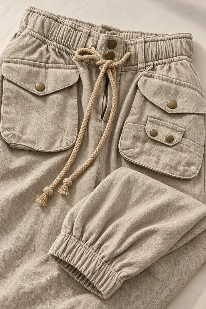 Cotton Cargo Jogger Pants – Khaki High Waist Drawstring Snap Pocket Joggers