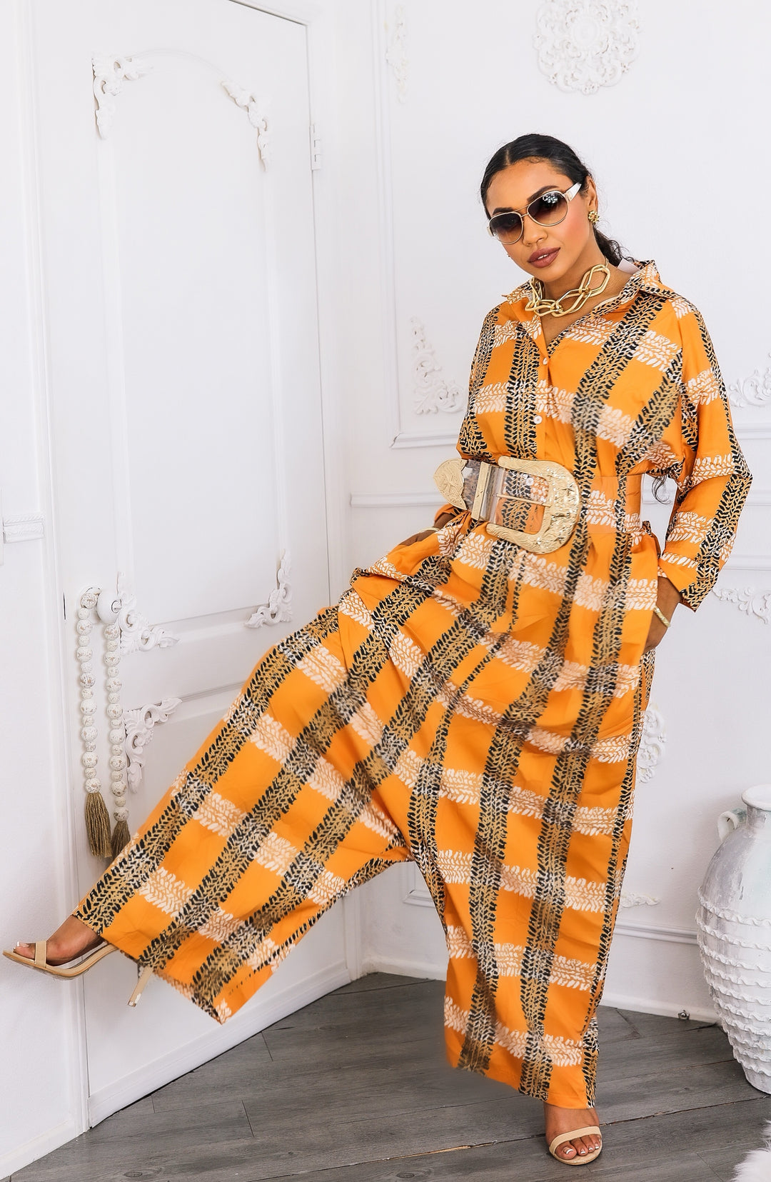 Oversized Orange Tribal Print Button-Up Kimono Jumpsuit