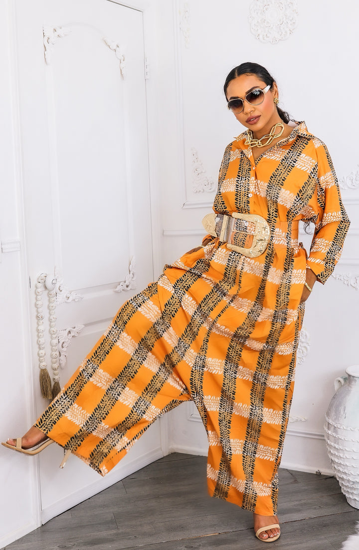 Oversized Orange Tribal Print Button-Up Kimono Jumpsuit
