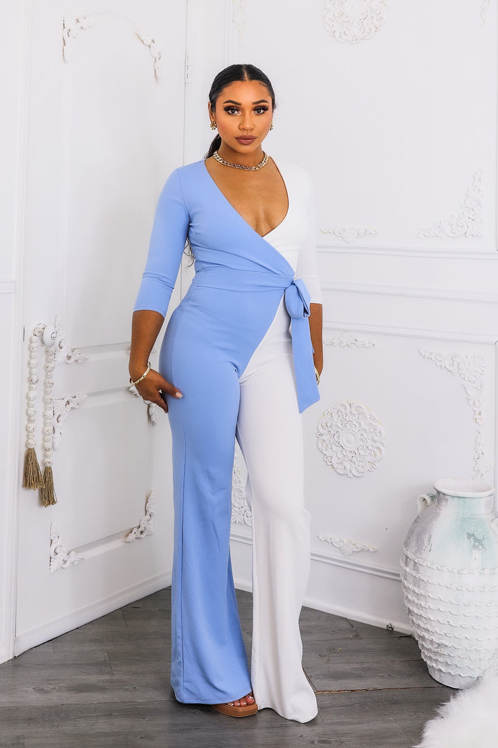 Sky & Ivory Colorblock Wrap Jumpsuit