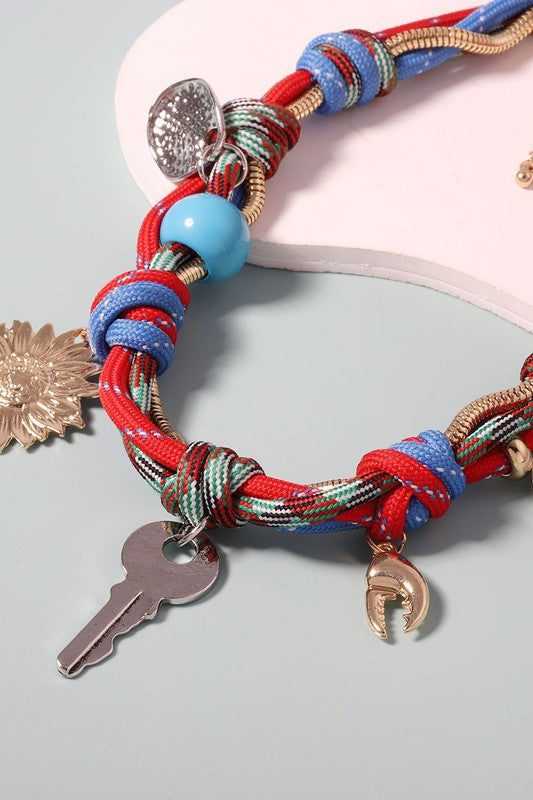 Boho Braided Rope Necklace with Key & Charm Pendants