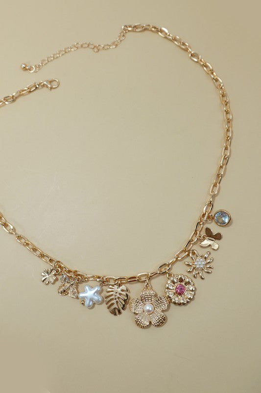 The Vintage Garden Charm Necklace – Gold Floral & Pearl