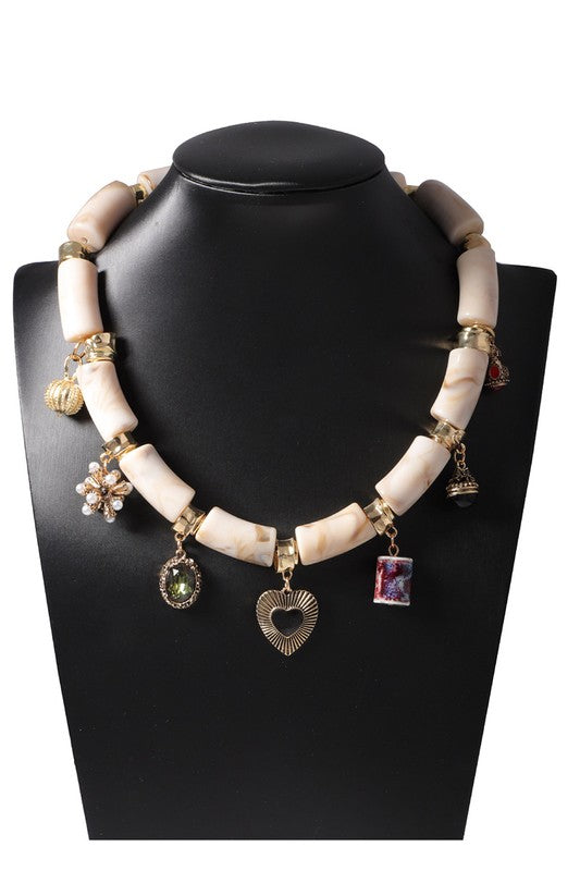 Chunky Resin Bamboo Necklace with Charms – Gold Accents