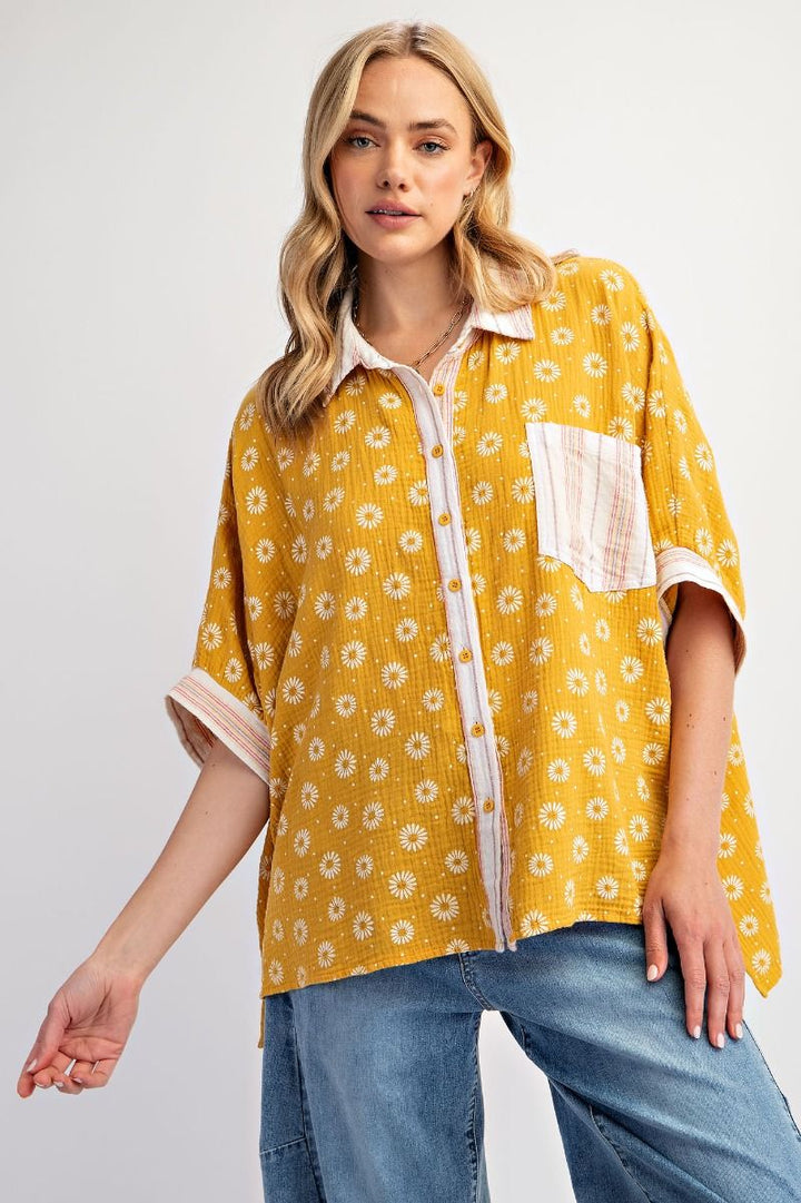 Sunny Vintage Relaxed Boho Button Down Blouse Top