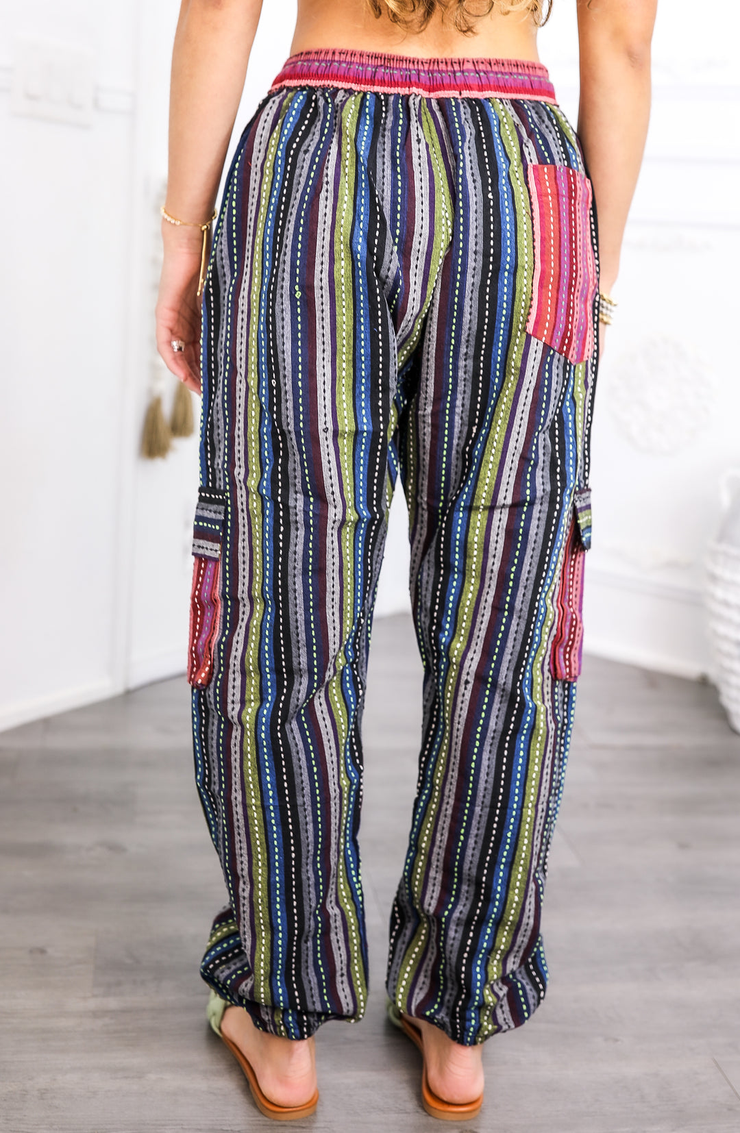 Boho Utility Stripe Joggers – Multi Pocket Drawstring Pants