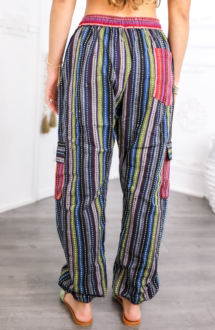 Boho Utility Stripe Joggers – Multi Pocket Drawstring Pants