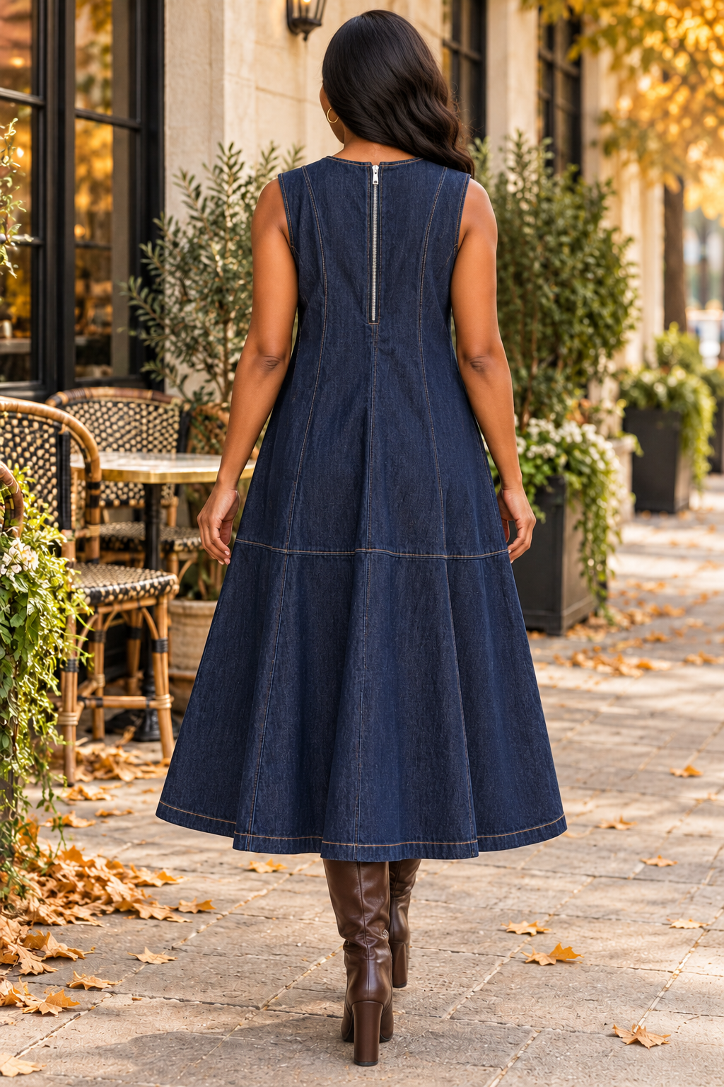 Seamed A-Line Denim Midi Dress – Dark Indigo Sleeveless Flare Jean Dress