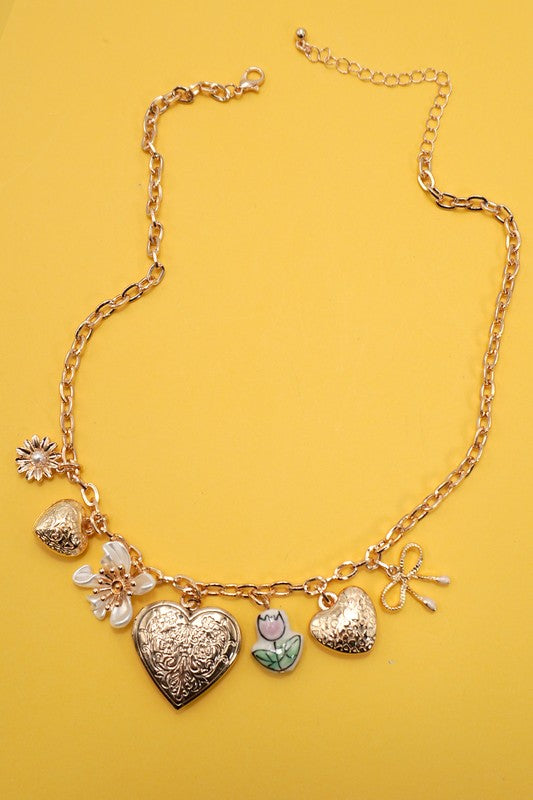 The Garden Heart Charm Necklace – Gold Heart & Porcelain Flower