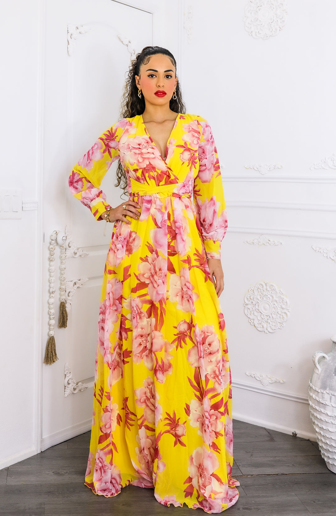 Sunset Bloom Maxi Dress – Yellow & Pink Floral Wrap Dress