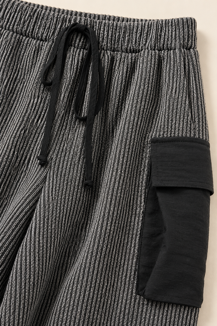 Textured Wide Leg Cargo Pants – Charcoal Ribbed High Waist