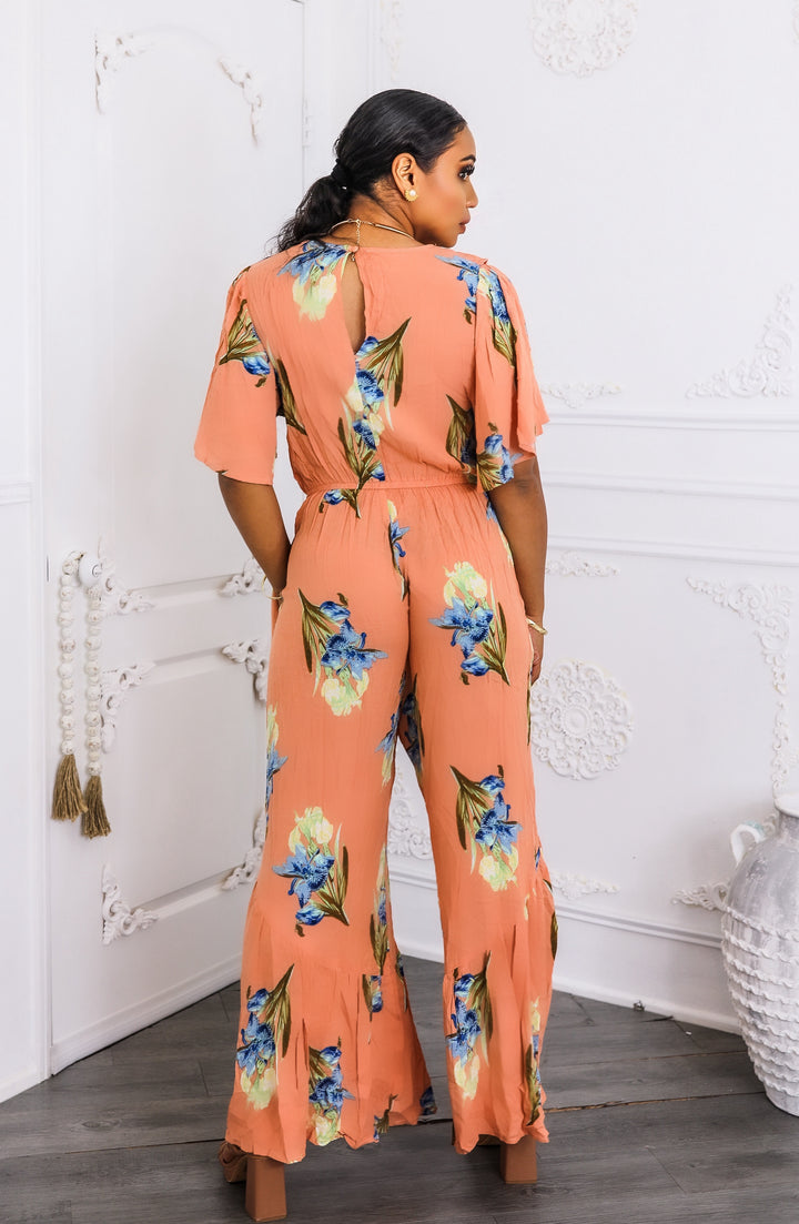 Peach Floral Ruffle Jumpsuit – Wide-Leg Summer One-Piece