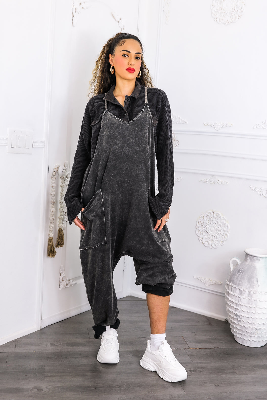 Mineral Wash Jumpsuit – Relaxed Fit Pocket Overalls Black