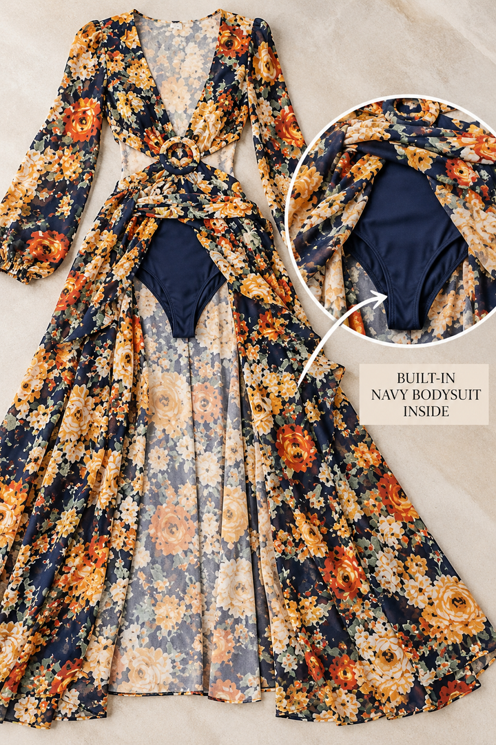Floral Cutout Maxi Dress with Built-In Bodysuit | Double Slit Boho Dress