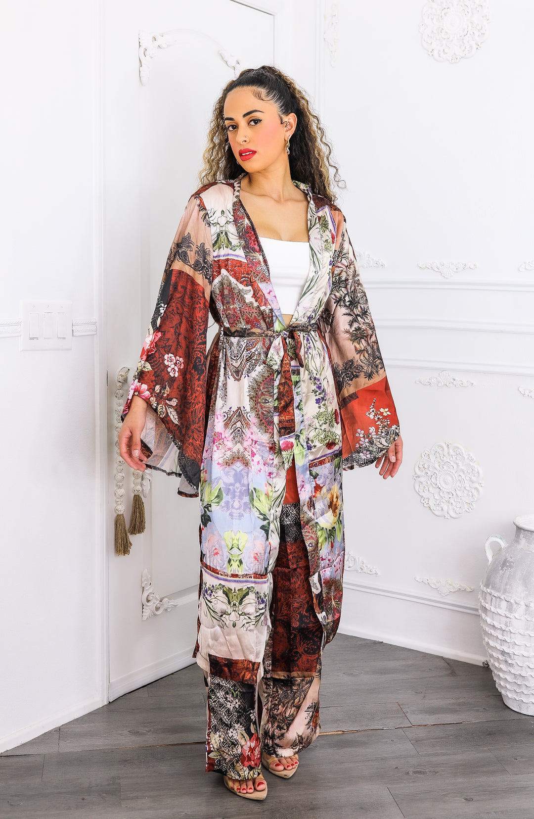 Golden Hour Boho Luxe Kimono Set – Printed Duster & Wide-Leg Pants