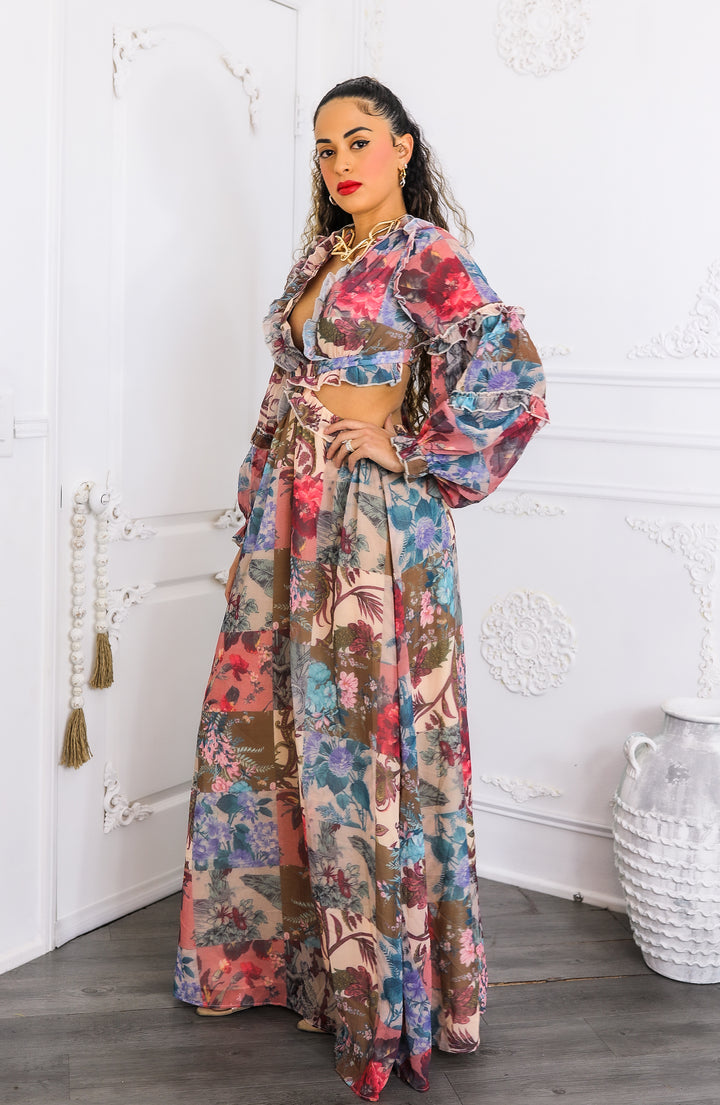 Patchwork Floral Maxi Dress – Plunge Ruffle Cutout Style