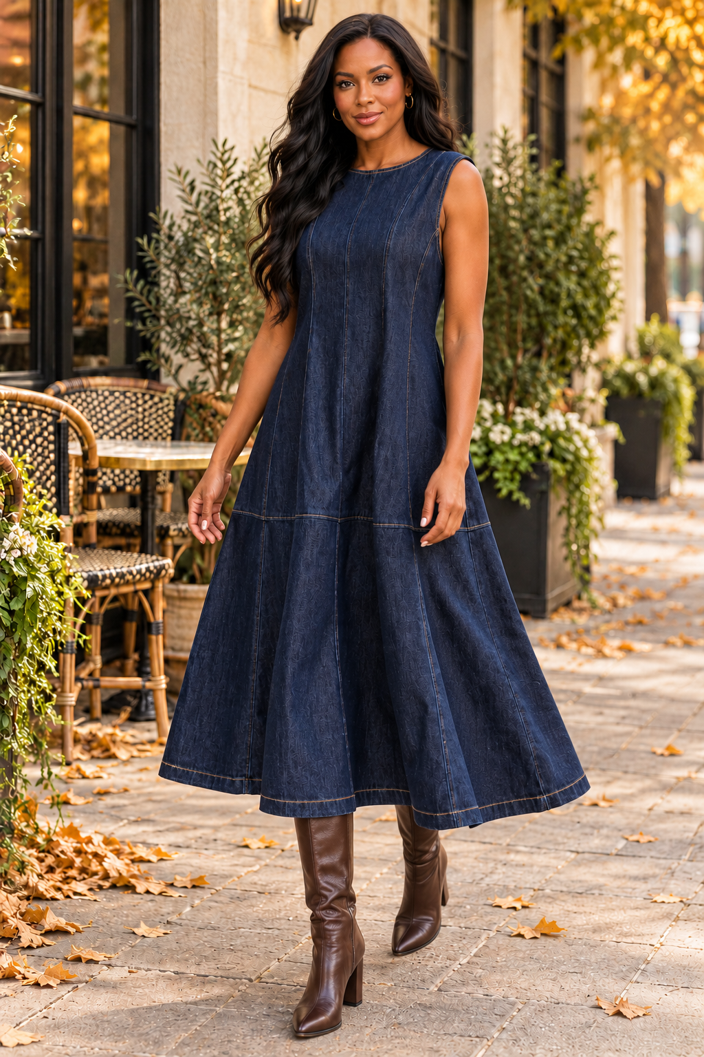 Seamed A-Line Denim Midi Dress – Dark Indigo Sleeveless Flare Jean Dress