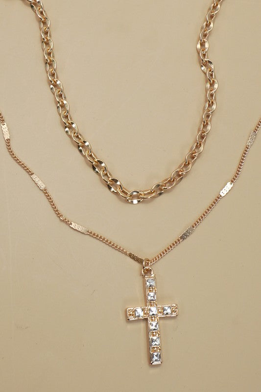 The Radiant Faith Layered Cross Necklace – Gold Crystal Cross