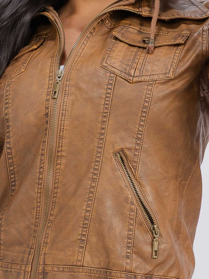 Brown Faux Leather Hooded Moto Jacket | Vegan Leather Bomber Coat