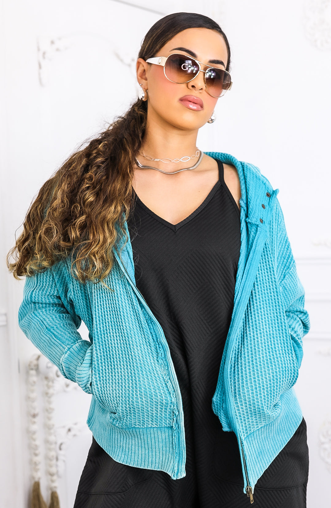 Mineral Wash Waffle Knit Zip Hoodie – Turquoise