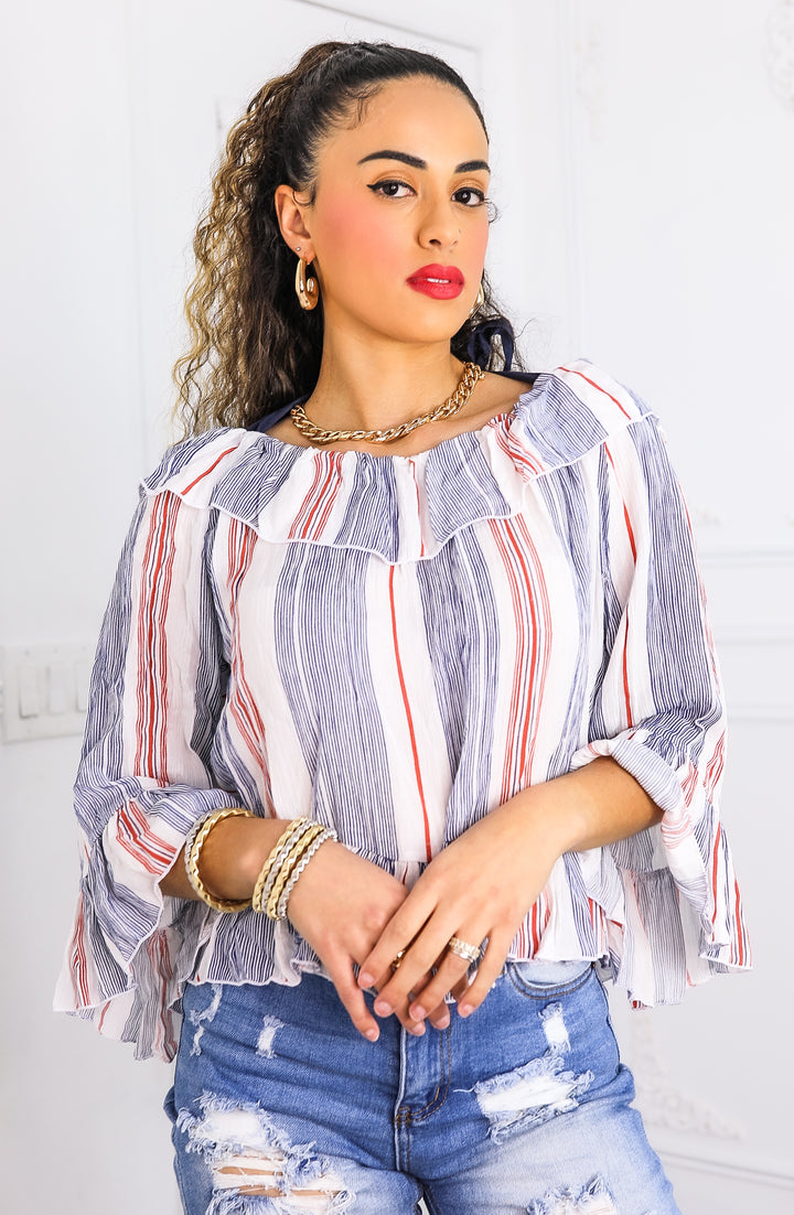 Striped Off-Shoulder Ruffle Blouse with Tie Straps
