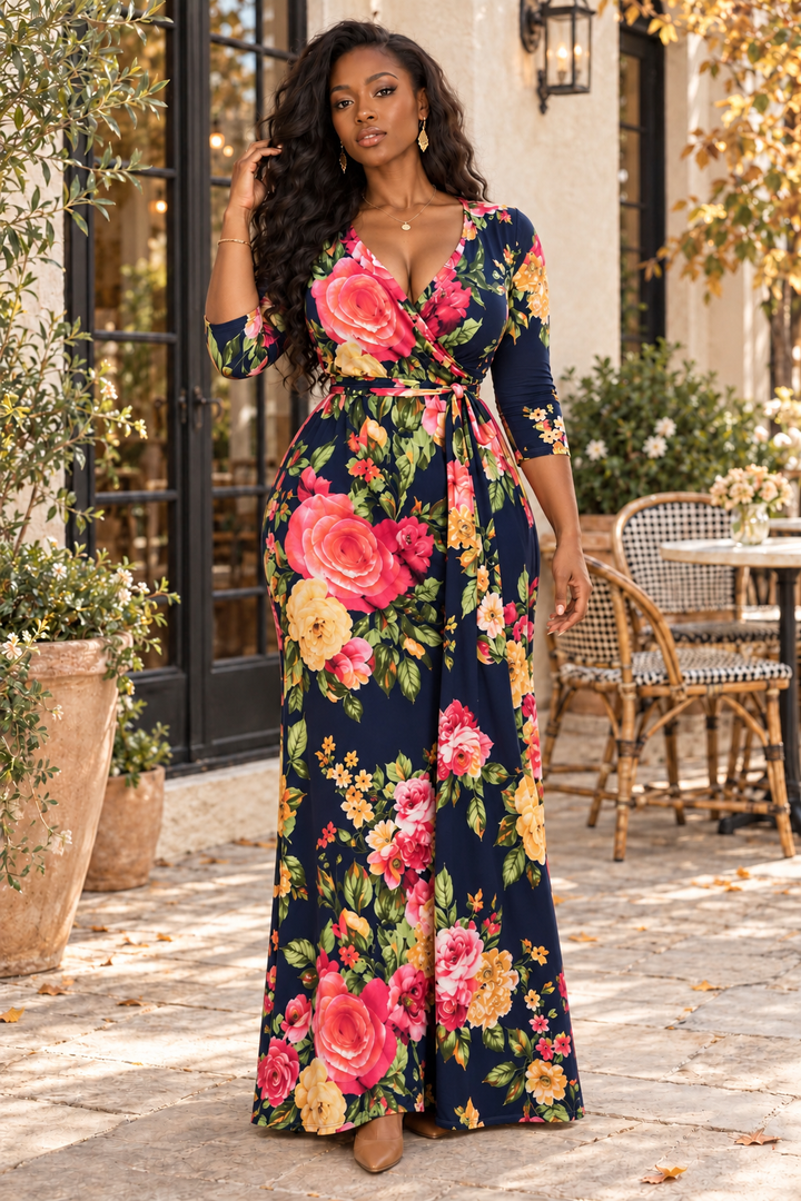 Floral Faux Wrap Maxi Dress – Navy Pink Rose Print V-Neck