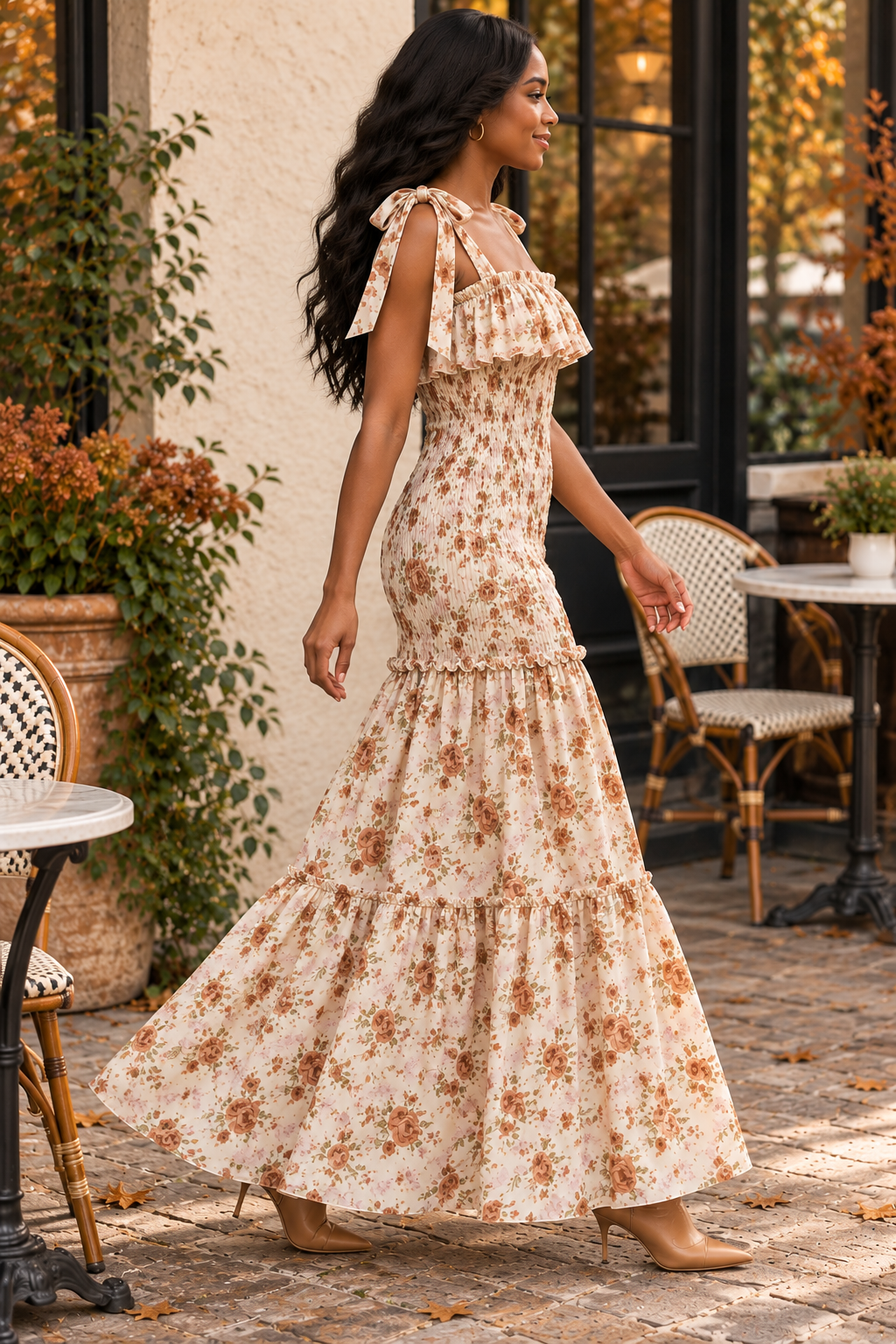 Smocked Tiered Maxi Dress – Cream Rust Floral Tie Strap Sundress