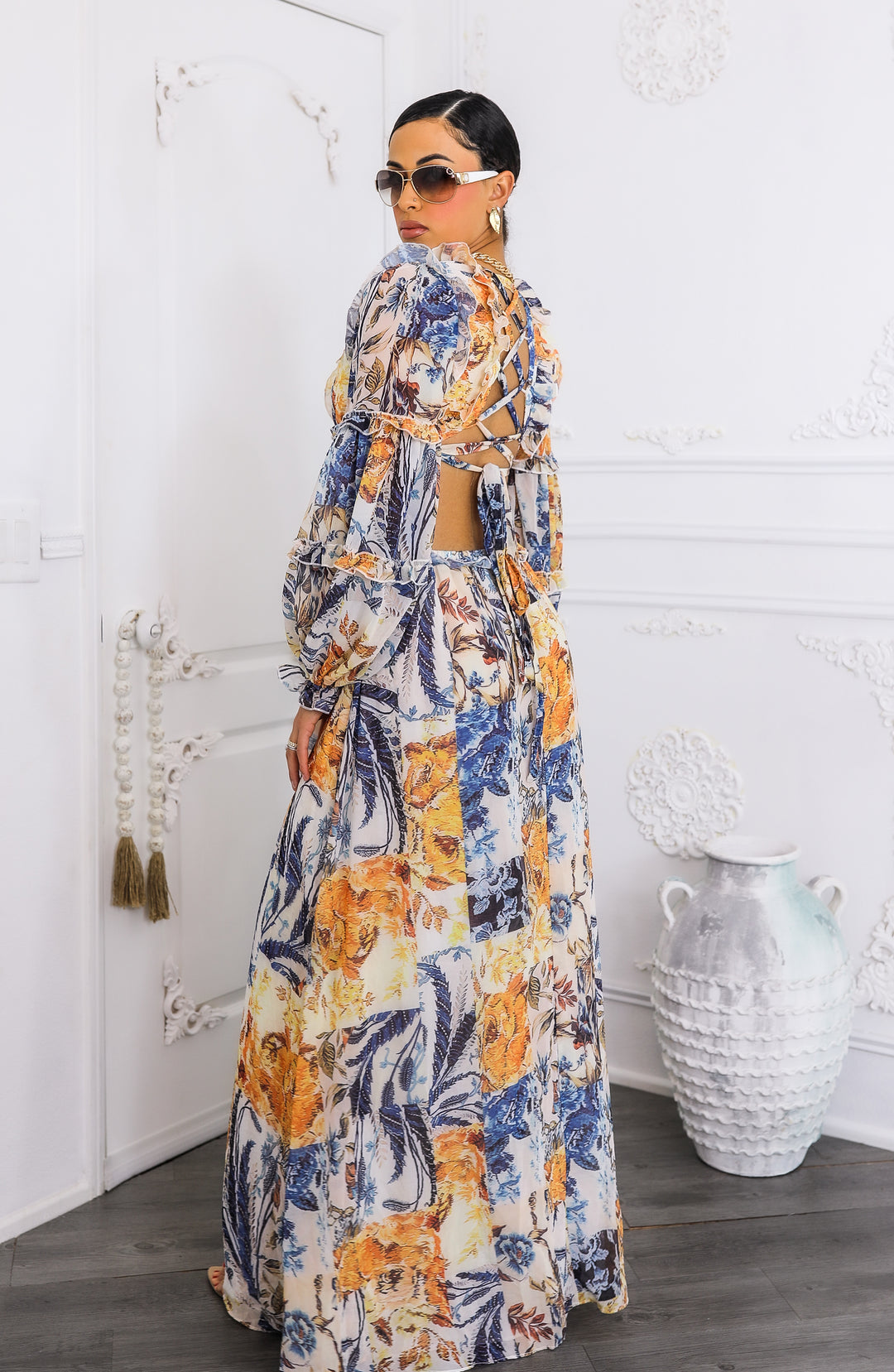 Boho Cream Floral Cutout Lace-Up Maxi Dress