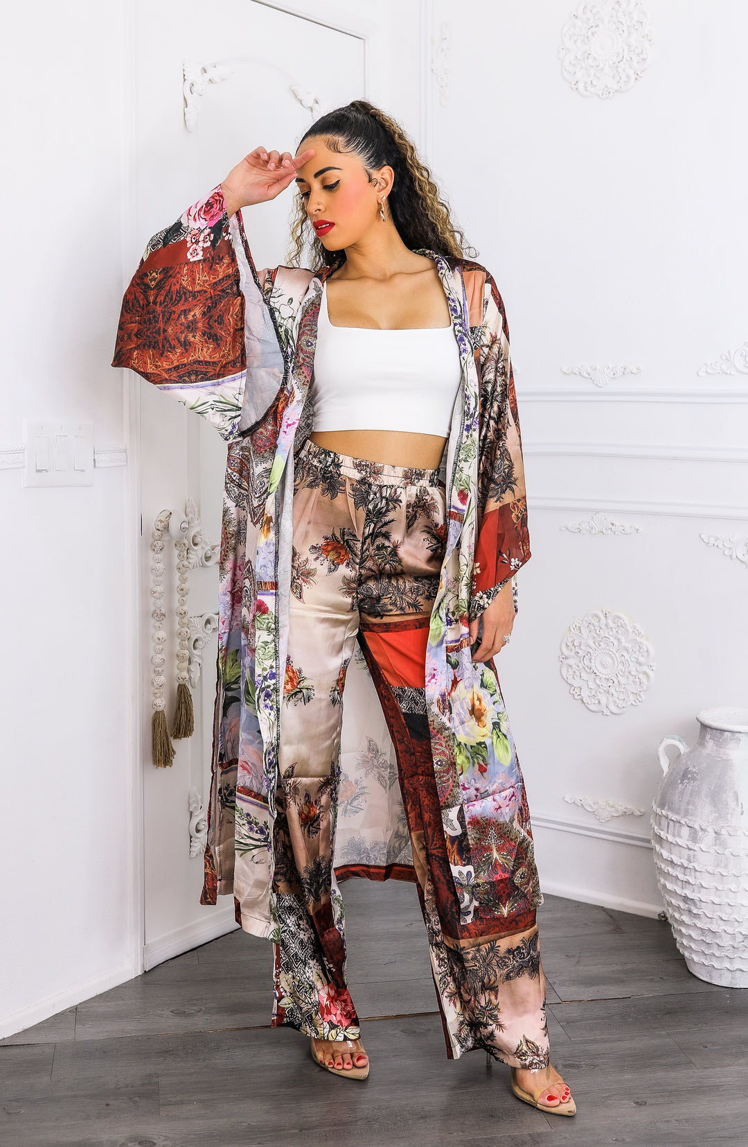 Golden Hour Boho Luxe Kimono Set – Printed Duster & Wide-Leg Pants