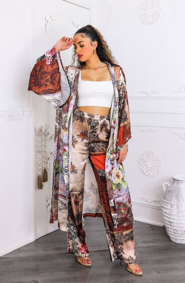 Golden Hour Boho Luxe Kimono Set – Printed Duster & Wide-Leg Pants