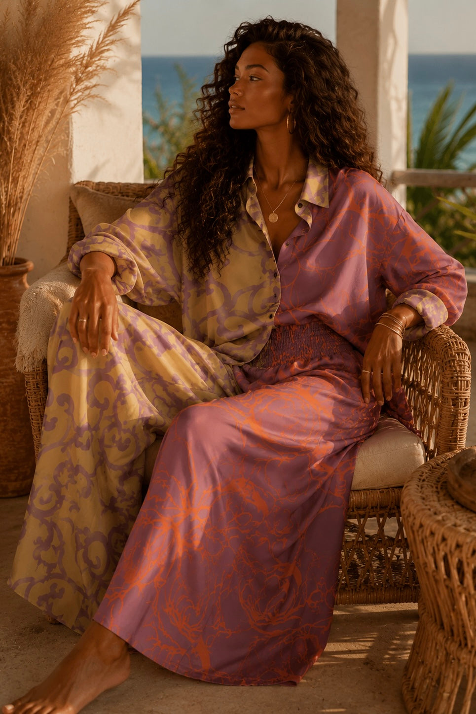 Printed Satin Shirt & Wide Leg Pant Set