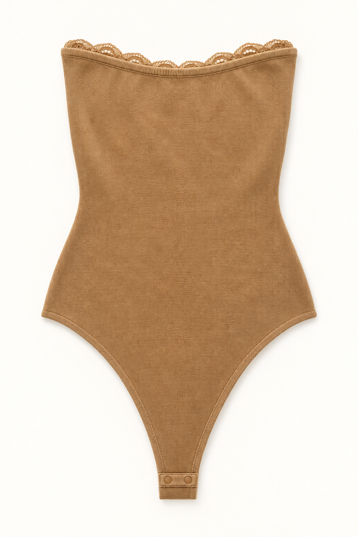Strapless Lace Trim Bodysuit – Nude Camel Ruched Ribbed Knit