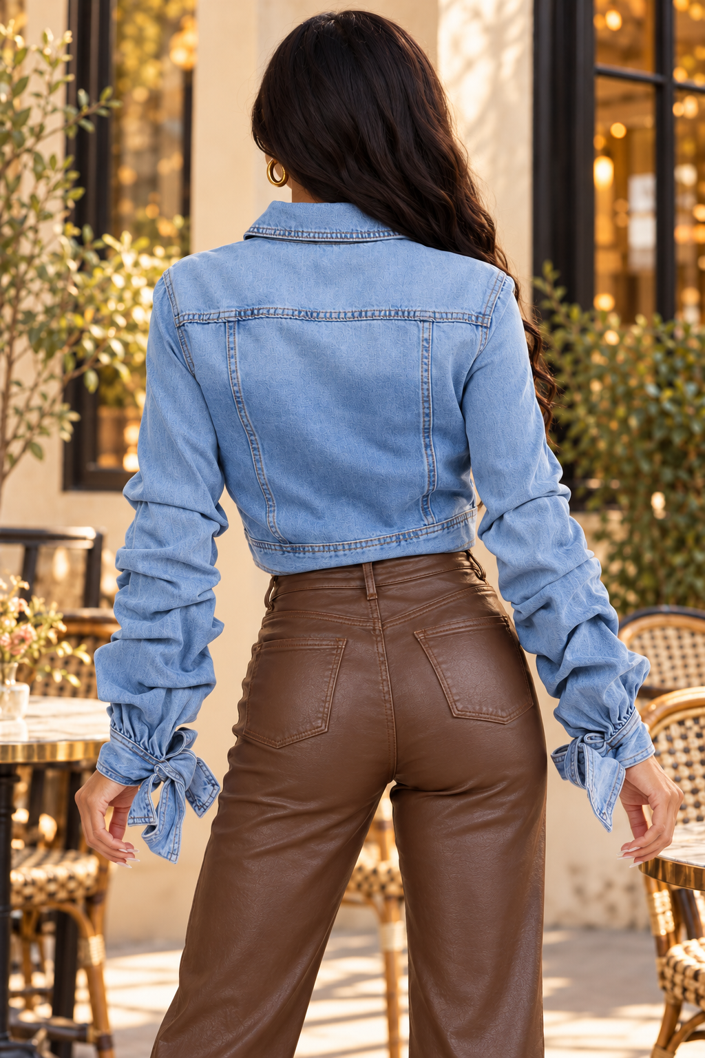 Cropped Denim Trucker Jacket – Light Wash Ruched Tie Cuff